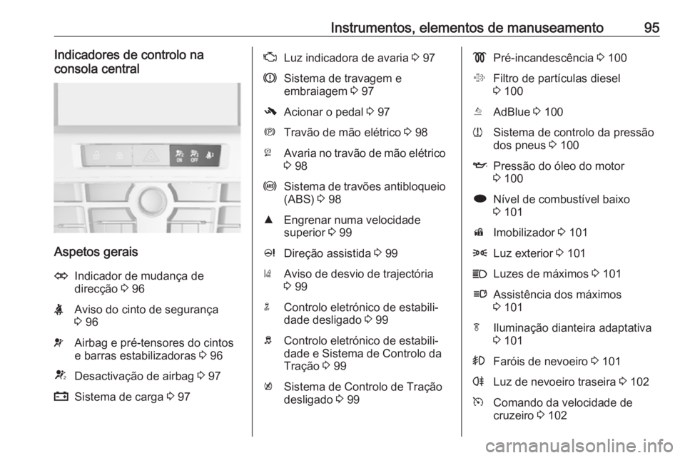 OPEL CASCADA 2016  Manual de Instruções (in Portugues) Instrumentos, elementos de manuseamento95Indicadores de controlo na
consola central
Aspetos gerais
OIndicador de mudança de
direcção  3 96XAviso do cinto de segurança
3  96vAirbag e pré-tensores 