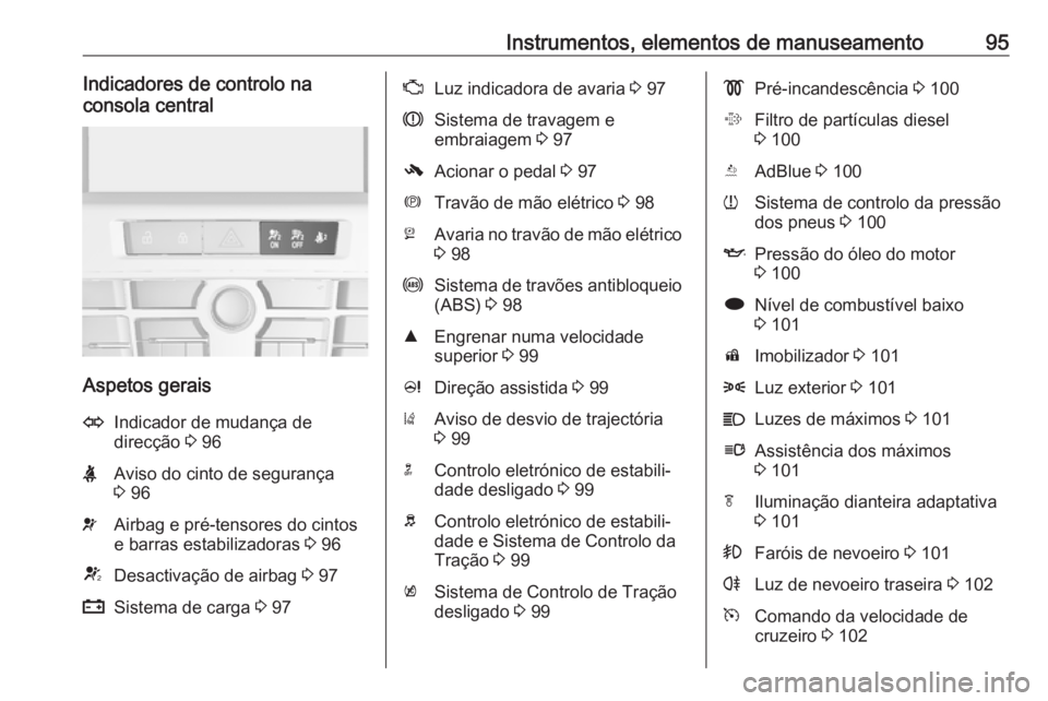 OPEL CASCADA 2016 Manual de Instruções (in Portugues) Instrumentos, elementos de manuseamento95Indicadores de controlo na
consola central
Aspetos gerais
OIndicador de mudança de
direcção 3 96XAviso do cinto de segurança
3 96vAirbag e pré-tensores OPEL CASCADA 2016 Manual de Instruções (in Portugues) Instrumentos, elementos de manuseamento95Indicadores de controlo na
consola central
Aspetos gerais
OIndicador de mudança de
direcção 3 96XAviso do cinto de segurança
3 96vAirbag e pré-tensores