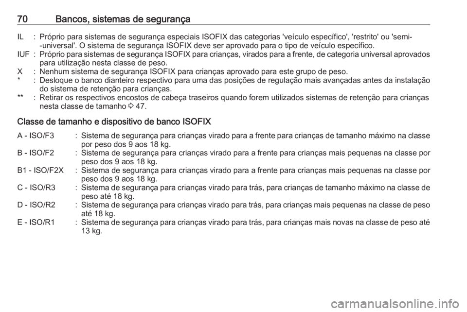 OPEL CASCADA 2016.5 Manual de Instruções (in Portugues) 70Bancos, sistemas de segurançaIL:Próprio para sistemas de segurança especiais ISOFIX das categorias 'veículo específico', 'restrito' ou 'semi--universal'. O sistema de se OPEL CASCADA 2016.5 Manual de Instruções (in Portugues) 70Bancos, sistemas de segurançaIL:Próprio para sistemas de segurança especiais ISOFIX das categorias 'veículo específico', 'restrito' ou 'semi--universal'. O sistema de se