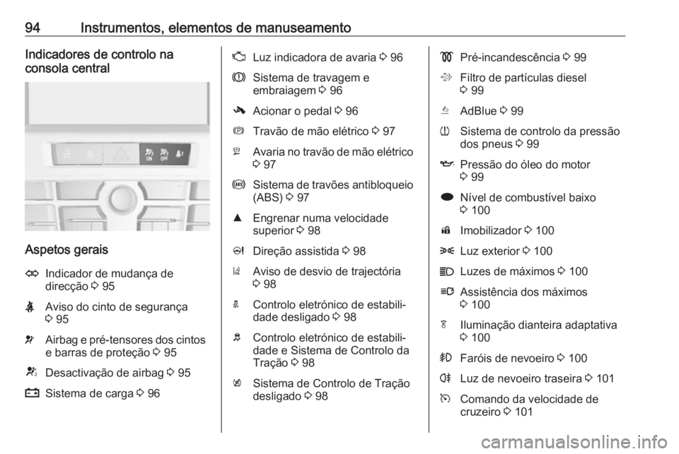 OPEL CASCADA 2016.5  Manual de Instruções (in Portugues) 94Instrumentos, elementos de manuseamentoIndicadores de controlo na
consola central
Aspetos gerais
OIndicador de mudança de
direcção  3 95XAviso do cinto de segurança
3  95vAirbag e pré-tensores 