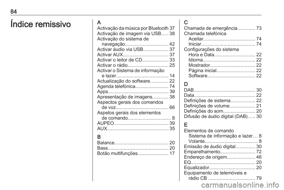 OPEL CASCADA 2017 Manual de Informação e Lazer (in Portugues) 84Índice remissivoAActivação da música por Bluetooth 37
Activação de imagem via USB .....38
Activação do sistema de navegação ................................ 42
Activar áudio via USB ..... OPEL CASCADA 2017 Manual de Informação e Lazer (in Portugues) 84Índice remissivoAActivação da música por Bluetooth 37
Activação de imagem via USB .....38
Activação do sistema de navegação ................................ 42
Activar áudio via USB .....