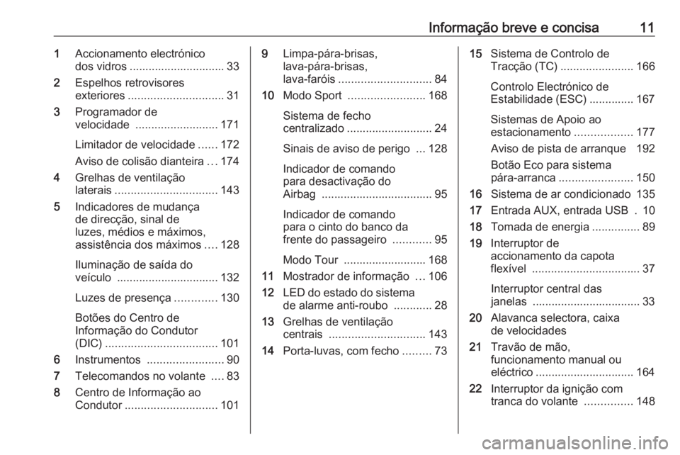 OPEL CASCADA 2017  Manual de Instruções (in Portugues) Informação breve e concisa111Accionamento electrónico
dos vidros .............................. 33
2 Espelhos retrovisores
exteriores .............................. 31
3 Programador de
velocidade  