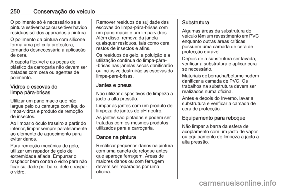 OPEL CASCADA 2017  Manual de Instruções (in Portugues) 250Conservação do veículoO polimento só é necessário se a
pintura estiver baça ou se tiver havido resíduos sólidos agarrados à pintura.
O polimento da pintura com silicone
forma uma películ