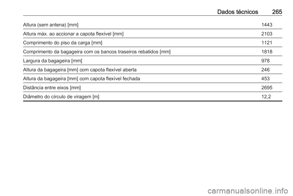 OPEL CASCADA 2017  Manual de Instruções (in Portugues) Dados técnicos265Altura (sem antena) [mm]1443Altura máx. ao accionar a capota flexível [mm]2103Comprimento do piso da carga [mm]1121Comprimento da bagageira com os bancos traseiros rebatidos [mm]18