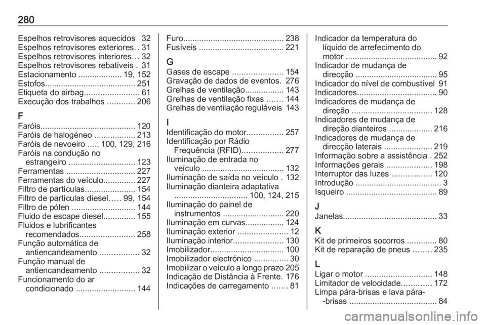 OPEL CASCADA 2017  Manual de Instruções (in Portugues) 280Espelhos retrovisores aquecidos  32
Espelhos retrovisores exteriores ..31
Espelhos retrovisores interiores ...32
Espelhos retrovisores rebatíveis . 31
Estacionamento  ...................19, 152
Es
