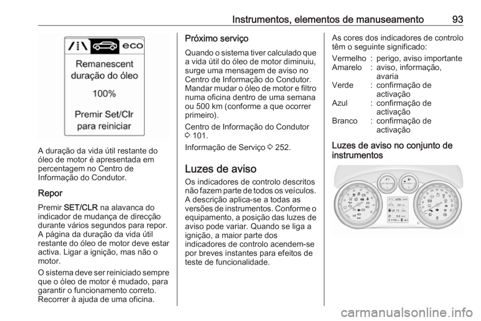 OPEL CASCADA 2017 Manual de Instruções (in Portugues) Instrumentos, elementos de manuseamento93
A duração da vida útil restante do
óleo de motor é apresentada em
percentagem no Centro de
Informação do Condutor.
Repor Premir SET/CLR na alavanca d OPEL CASCADA 2017 Manual de Instruções (in Portugues) Instrumentos, elementos de manuseamento93
A duração da vida útil restante do
óleo de motor é apresentada em
percentagem no Centro de
Informação do Condutor.
Repor Premir SET/CLR na alavanca d