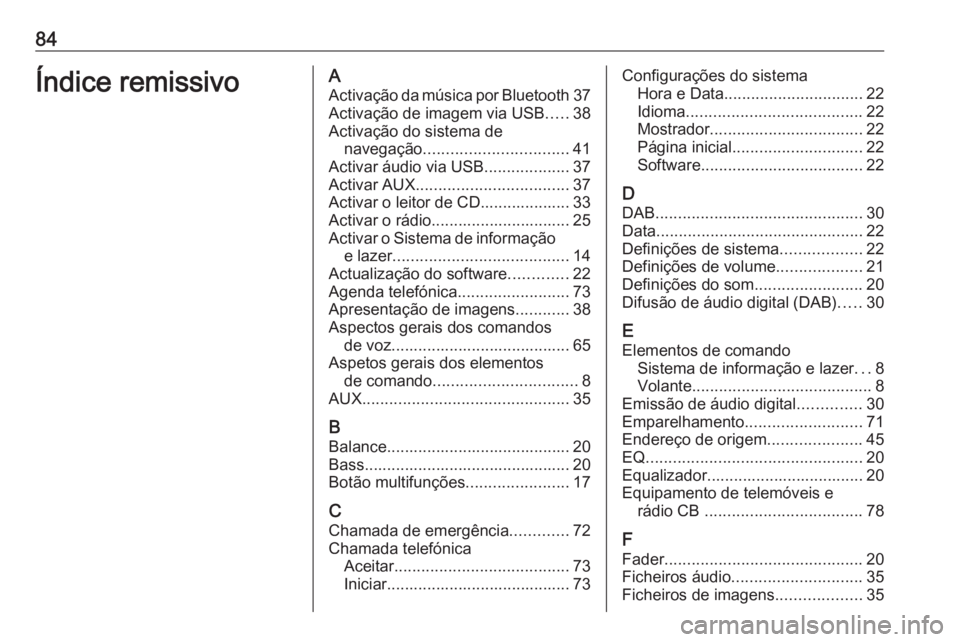 OPEL CASCADA 2017.5 Manual de Informação e Lazer (in Portugues) 84Índice remissivoAActivação da música por Bluetooth 37
Activação de imagem via USB .....38
Activação do sistema de navegação ................................ 41
Activar áudio via USB ..... OPEL CASCADA 2017.5 Manual de Informação e Lazer (in Portugues) 84Índice remissivoAActivação da música por Bluetooth 37
Activação de imagem via USB .....38
Activação do sistema de navegação ................................ 41
Activar áudio via USB .....