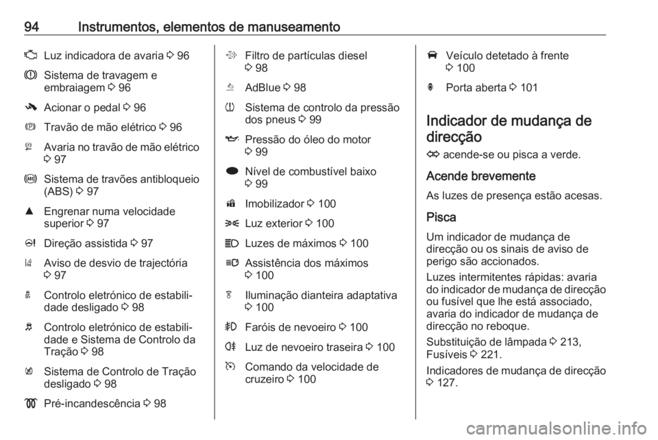 OPEL CASCADA 2017.5  Manual de Instruções (in Portugues) 94Instrumentos, elementos de manuseamentoZLuz indicadora de avaria 3 96RSistema de travagem e
embraiagem  3 96-Acionar o pedal  3 96mTravão de mão elétrico  3 96jAvaria no travão de mão elétrico