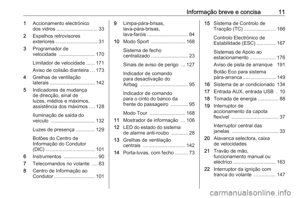 OPEL CASCADA 2018 Manual de Instruções (in Portugues) Informação breve e concisa111Accionamento electrónico
dos vidros .............................. 33
2 Espelhos retrovisores
exteriores .............................. 31
3 Programador de
velocidade OPEL CASCADA 2018 Manual de Instruções (in Portugues) Informação breve e concisa111Accionamento electrónico
dos vidros .............................. 33
2 Espelhos retrovisores
exteriores .............................. 31
3 Programador de
velocidade