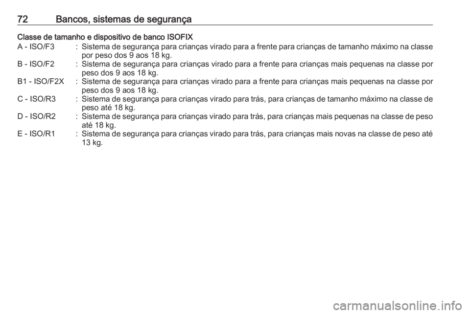 OPEL CASCADA 2018 Manual de Instruções (in Portugues) 72Bancos, sistemas de segurançaClasse de tamanho e dispositivo de banco ISOFIXA - ISO/F3:Sistema de segurança para crianças virado para a frente para crianças de tamanho máximo na classepor peso OPEL CASCADA 2018 Manual de Instruções (in Portugues) 72Bancos, sistemas de segurançaClasse de tamanho e dispositivo de banco ISOFIXA - ISO/F3:Sistema de segurança para crianças virado para a frente para crianças de tamanho máximo na classepor peso
