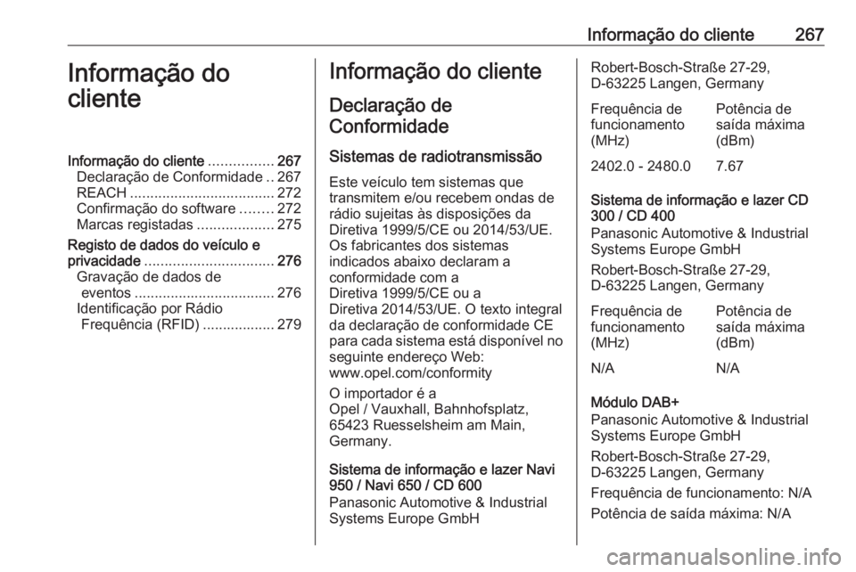 OPEL CASCADA 2018.5  Manual de Instruções (in Portugues) Informação do cliente267Informação do
clienteInformação do cliente ................267
Declaração de Conformidade ..267
REACH .................................... 272
Confirmação do software