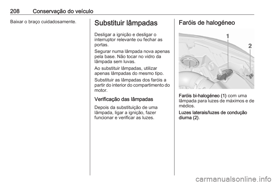 OPEL CASCADA 2019  Manual de Instruções (in Portugues) 208Conservação do veículoBaixar o braço cuidadosamente.Substituir lâmpadasDesligar a ignição e desligar o
interruptor relevante ou fechar as
portas.
Segurar numa lâmpada nova apenas
pela base.