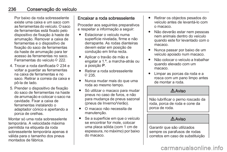 OPEL CASCADA 2019  Manual de Instruções (in Portugues) 236Conservação do veículoPor baixo da roda sobresselente
existe uma caixa e um saco com
as ferramentas do veículo. O saco
de ferramentas está fixado pelo
dispositivo de fixação à haste de
arru