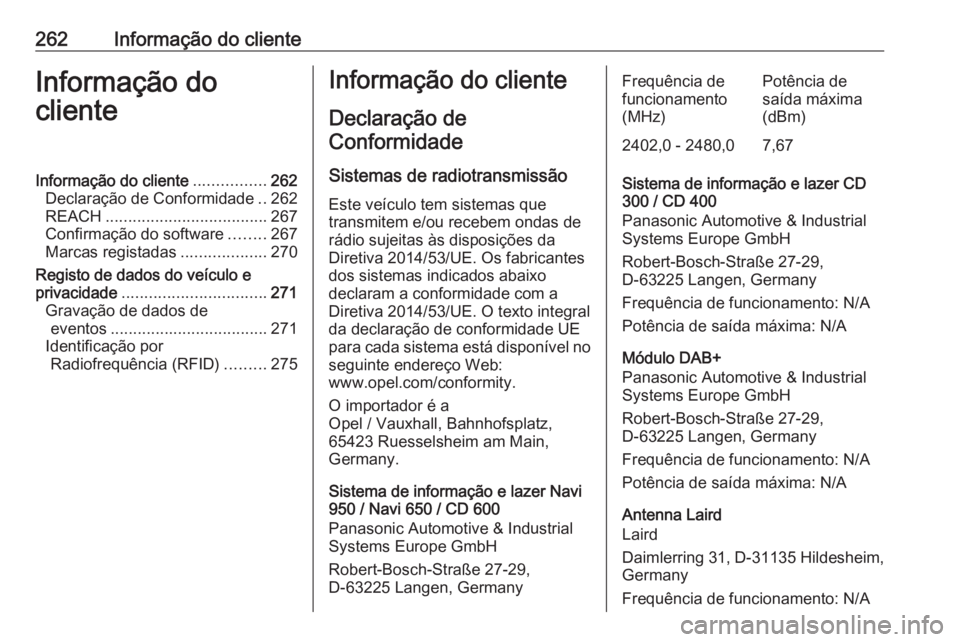 OPEL CASCADA 2019  Manual de Instruções (in Portugues) 262Informação do clienteInformação do
clienteInformação do cliente ................262
Declaração de Conformidade ..262
REACH .................................... 267
Confirmação do software