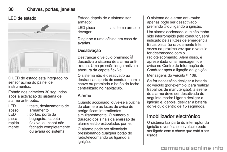 OPEL CASCADA 2019 Manual de Instruções (in Portugues) 30Chaves, portas, janelasLED de estado
O LED de estado está integrado no
sensor acima do painel de
instrumentos.
Estado nos primeiros 30 segundos
após a activação do sistema de
alarme anti-roubo:
OPEL CASCADA 2019 Manual de Instruções (in Portugues) 30Chaves, portas, janelasLED de estado
O LED de estado está integrado no
sensor acima do painel de
instrumentos.
Estado nos primeiros 30 segundos
após a activação do sistema de
alarme anti-roubo: