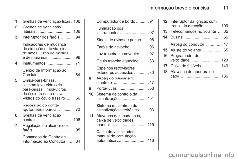 OPEL COMBO 2014  Manual de Instruções (in Portugues) Informação breve e concisa11
1Grelhas de ventilação fixas . 106
2 Grelhas de ventilação
laterais ................................ 106
3 Interruptor dos faróis  ............94
Indicadores de mud