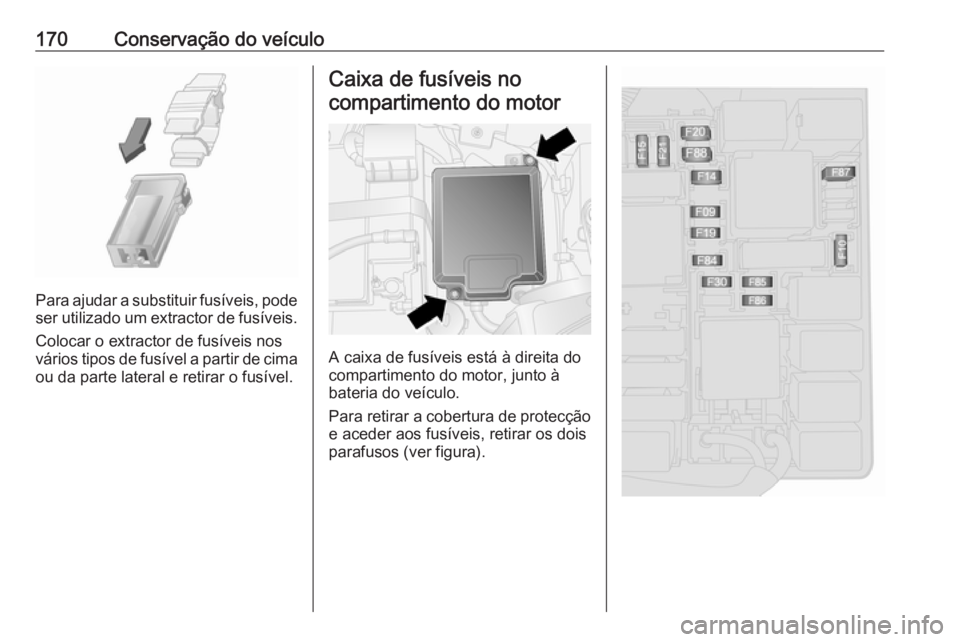 OPEL COMBO D 2018 Manual de Instruções (in Portugues) 170Conservação do veículo
Para ajudar a substituir fusíveis, podeser utilizado um extractor de fusíveis.
Colocar o extractor de fusíveis nos
vários tipos de fusível a partir de cima ou da part OPEL COMBO D 2018 Manual de Instruções (in Portugues) 170Conservação do veículo
Para ajudar a substituir fusíveis, podeser utilizado um extractor de fusíveis.
Colocar o extractor de fusíveis nos
vários tipos de fusível a partir de cima ou da part