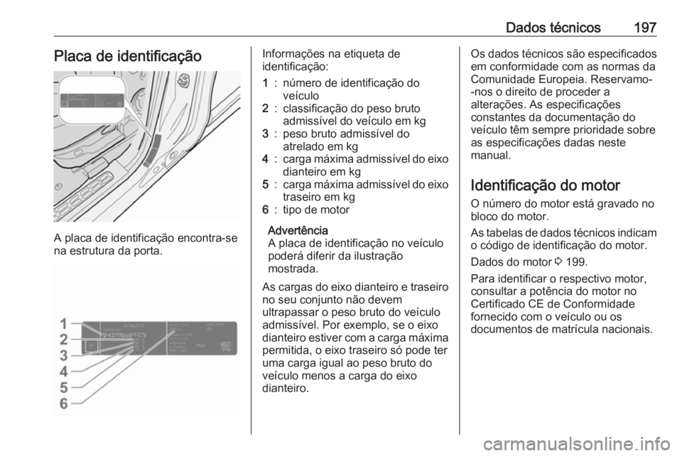 OPEL COMBO D 2018 Manual de Instruções (in Portugues) Dados técnicos197Placa de identificação
A placa de identificação encontra-se
na estrutura da porta.
Informações na etiqueta de
identificação:1:número de identificação do
veículo2:classifi OPEL COMBO D 2018 Manual de Instruções (in Portugues) Dados técnicos197Placa de identificação
A placa de identificação encontra-se
na estrutura da porta.
Informações na etiqueta de
identificação:1:número de identificação do
veículo2:classifi