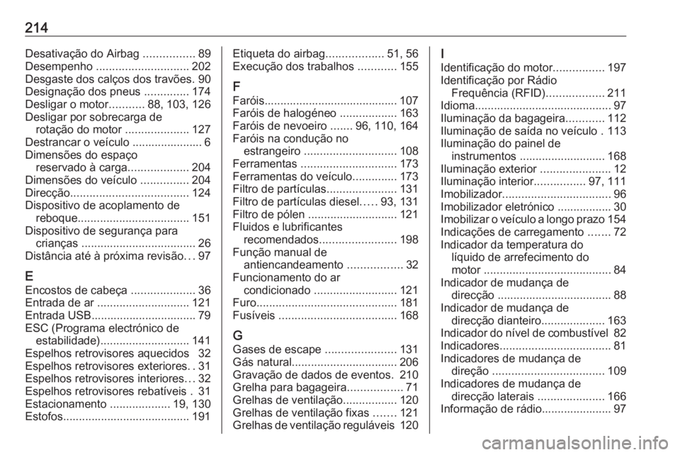 OPEL COMBO D 2018 Manual de Instruções (in Portugues) 214Desativação do Airbag ................89
Desempenho ............................. 202
Desgaste dos calços dos travões. 90
Designação dos pneus ..............174
Desligar o motor ........... OPEL COMBO D 2018 Manual de Instruções (in Portugues) 214Desativação do Airbag ................89
Desempenho ............................. 202
Desgaste dos calços dos travões. 90
Designação dos pneus ..............174
Desligar o motor ...........