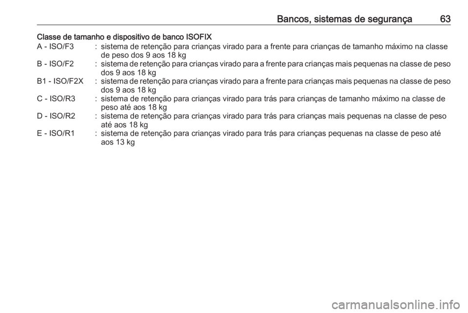 OPEL COMBO D 2018 Manual de Instruções (in Portugues) Bancos, sistemas de segurança63Classe de tamanho e dispositivo de banco ISOFIXA - ISO/F3:sistema de retenção para crianças virado para a frente para crianças de tamanho máximo na classe
de peso OPEL COMBO D 2018 Manual de Instruções (in Portugues) Bancos, sistemas de segurança63Classe de tamanho e dispositivo de banco ISOFIXA - ISO/F3:sistema de retenção para crianças virado para a frente para crianças de tamanho máximo na classe
de peso
