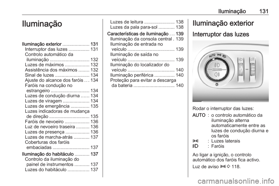 OPEL COMBO E 2019 Manual de Instruções (in Portugues) Iluminação131IluminaçãoIluminação exterior....................131
Interruptor das luzes ................131
Controlo automático da iluminação .............................. 132
Luzes de máxi OPEL COMBO E 2019 Manual de Instruções (in Portugues) Iluminação131IluminaçãoIluminação exterior....................131
Interruptor das luzes ................131
Controlo automático da iluminação .............................. 132
Luzes de máxi