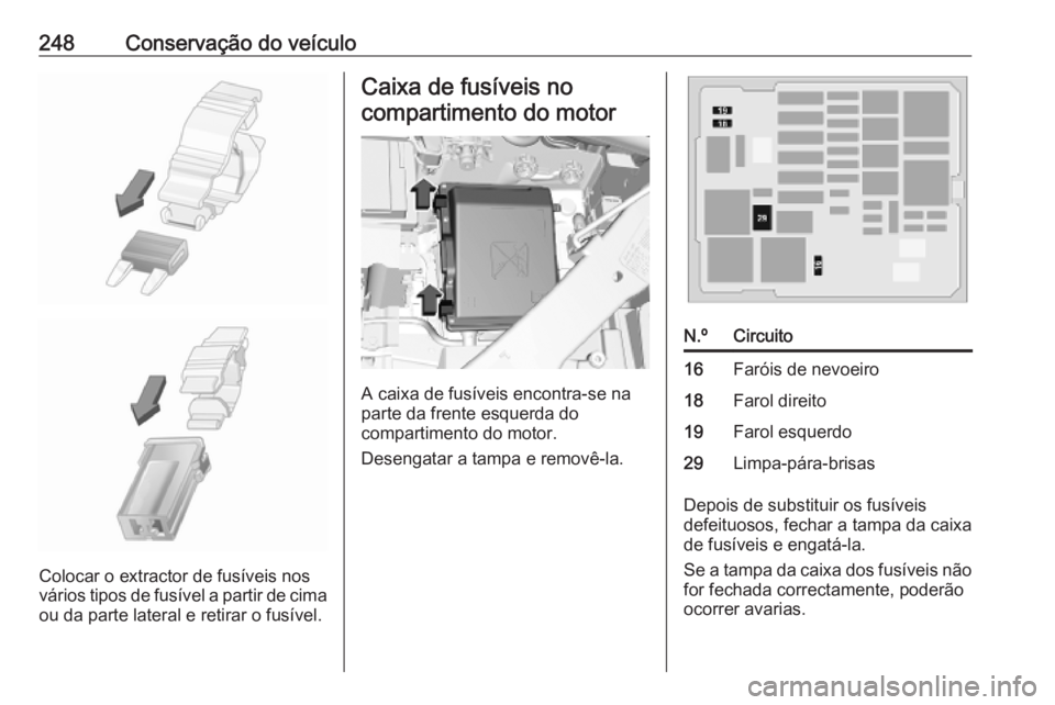 OPEL COMBO E 2019  Manual de Instruções (in Portugues) 248Conservação do veículo
Colocar o extractor de fusíveis nos
vários tipos de fusível a partir de cima
ou da parte lateral e retirar o fusível.
Caixa de fusíveis no
compartimento do motor
A ca