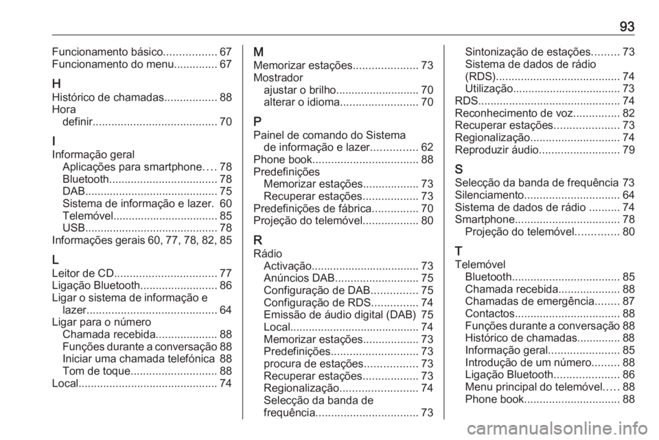 OPEL COMBO E 2019.1  Manual de Informação e Lazer (in Portugues) 93Funcionamento básico.................67
Funcionamento do menu ..............67
H
Histórico de chamadas .................88
Hora definir ........................................ 70
I
Informação g