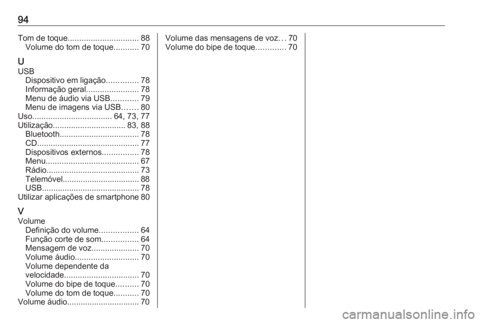 OPEL COMBO E 2019.1  Manual de Informação e Lazer (in Portugues) 94Tom de toque............................... 88
Volume do tom de toque ...........70
U USB Dispositivo em ligação ..............78
Informação geral .......................78
Menu de áudio via US