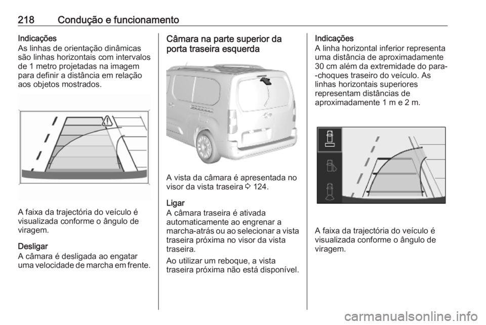 OPEL COMBO E 2019.1  Manual de Instruções (in Portugues) 218Condução e funcionamentoIndicações
As linhas de orientação dinâmicas
são linhas horizontais com intervalos
de 1 metro projetadas na imagem para definir a distância em relação
aos objetos