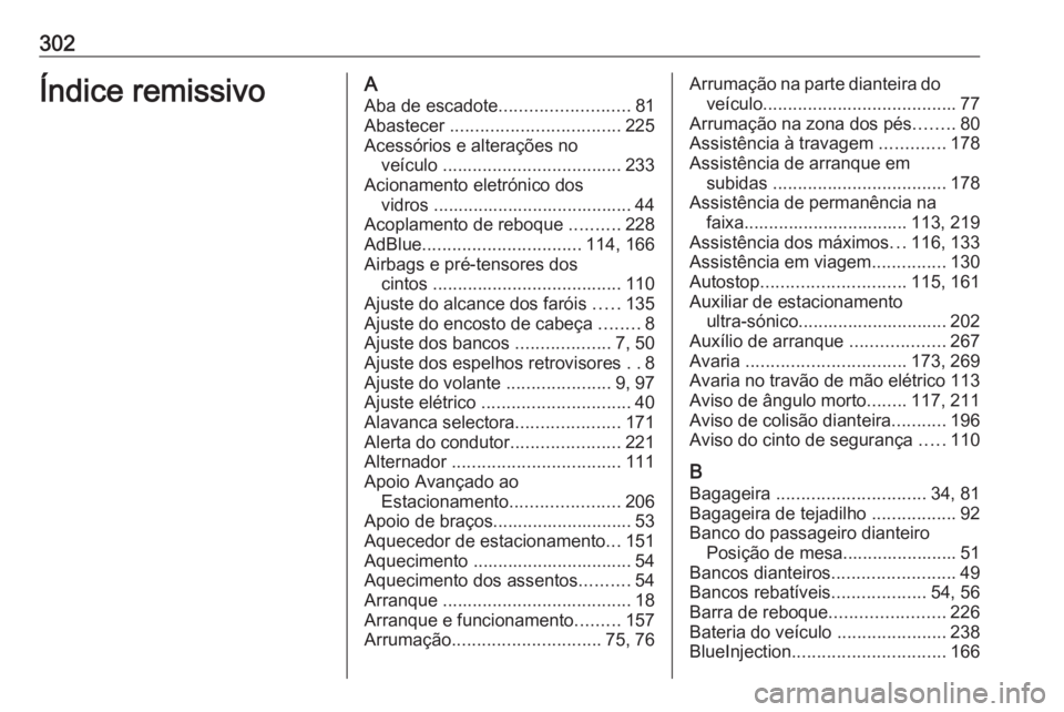 OPEL COMBO E 2019.75 Manual de Instruções (in Portugues) 302Índice remissivoAAba de escadote .......................... 81
Abastecer .................................. 225
Acessórios e alterações no veículo .................................... 233
Ac OPEL COMBO E 2019.75 Manual de Instruções (in Portugues) 302Índice remissivoAAba de escadote .......................... 81
Abastecer .................................. 225
Acessórios e alterações no veículo .................................... 233
Ac
