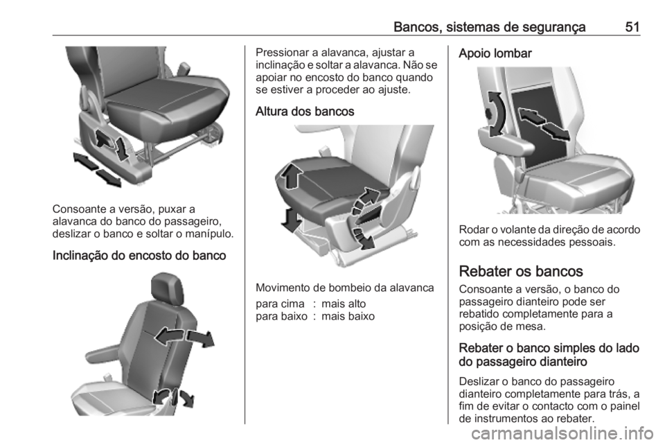OPEL COMBO E 2019.75  Manual de Instruções (in Portugues) Bancos, sistemas de segurança51
Consoante a versão, puxar a
alavanca do banco do passageiro,
deslizar o banco e soltar o manípulo.
Inclinação do encosto do banco
Pressionar a alavanca, ajustar a
