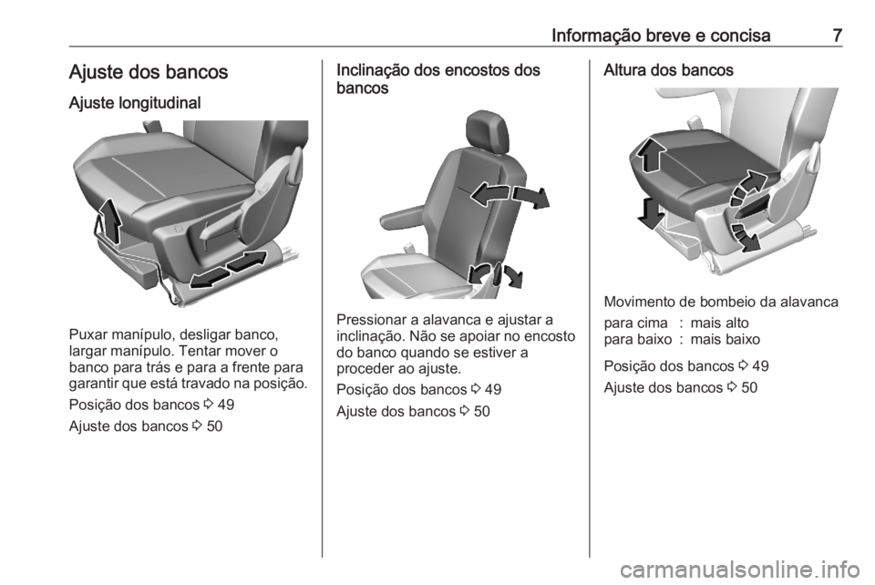 OPEL COMBO E 2020  Manual de Instruções (in Portugues) Informação breve e concisa7Ajuste dos bancosAjuste longitudinal
Puxar manípulo, desligar banco,
largar manípulo. Tentar mover o
banco para trás e para a frente para
garantir que está travado na 