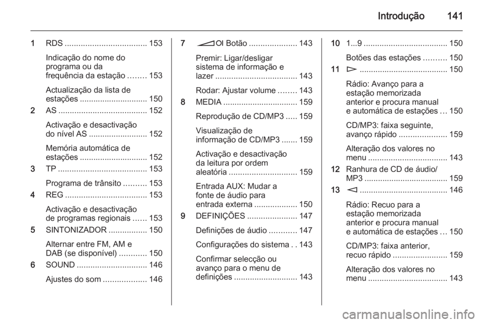 OPEL CORSA 2014.5 Manual de Instruções (in Portugues) Introdução141
1RDS .................................... 153
Indicação do nome do
programa ou da
frequência da estação ........153
Actualização da lista de
estações ......................... OPEL CORSA 2014.5 Manual de Instruções (in Portugues) Introdução141
1RDS .................................... 153
Indicação do nome do
programa ou da
frequência da estação ........153
Actualização da lista de
estações .........................
