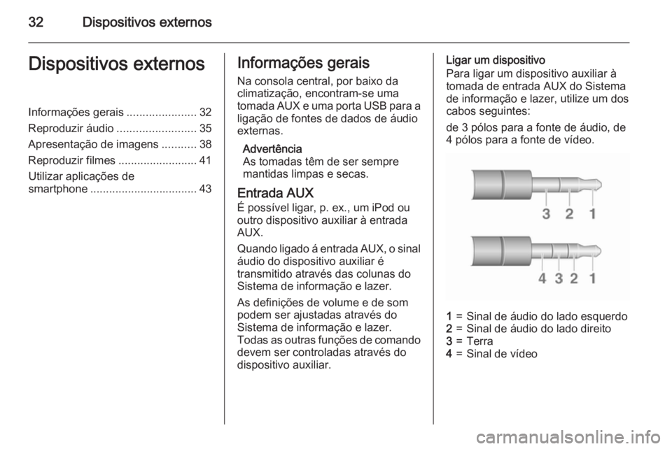 OPEL CORSA 2015  Manual de Informação e Lazer (in Portugues) 32Dispositivos externosDispositivos externosInformações gerais......................32
Reproduzir áudio .........................35
Apresentação de imagens ...........38
Reproduzir filmes .......