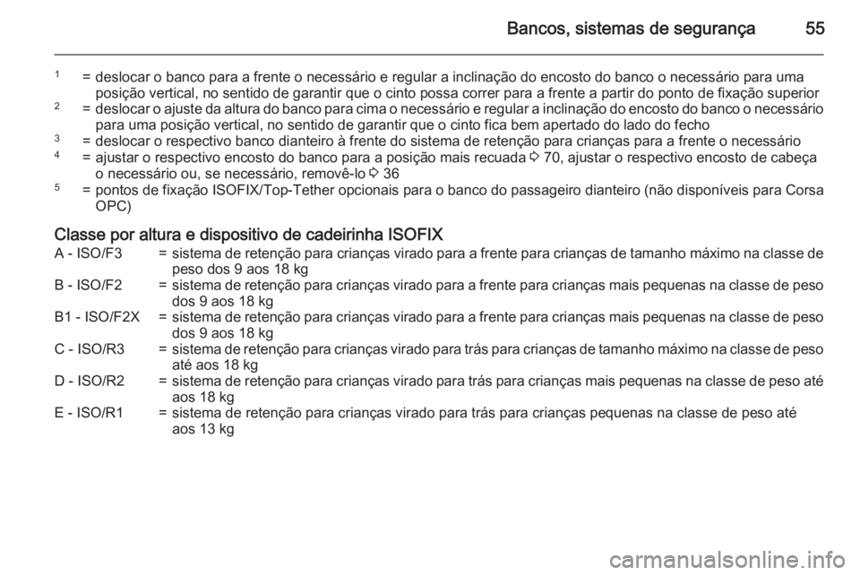 OPEL CORSA 2015 Manual de Instruções (in Portugues) Bancos, sistemas de segurança55
1=deslocar o banco para a frente o necessário e regular a inclinação do encosto do banco o necessário para uma
posição vertical, no sentido de garantir que o cin OPEL CORSA 2015 Manual de Instruções (in Portugues) Bancos, sistemas de segurança55
1=deslocar o banco para a frente o necessário e regular a inclinação do encosto do banco o necessário para uma
posição vertical, no sentido de garantir que o cin