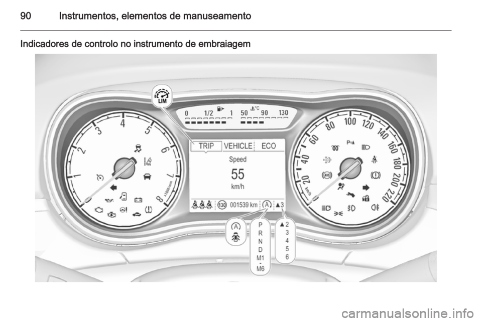 OPEL CORSA 2015.5 Manual de Instruções (in Portugues) 90Instrumentos, elementos de manuseamento
Indicadores de controlo no instrumento de embraiagem OPEL CORSA 2015.5 Manual de Instruções (in Portugues) 90Instrumentos, elementos de manuseamento
Indicadores de controlo no instrumento de embraiagem