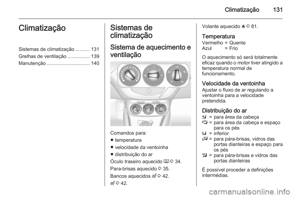 OPEL CORSA 2015.75  Manual de Instruções (in Portugues) Climatização131ClimatizaçãoSistemas de climatização..........131
Grelhas de ventilação ................139
Manutenção ............................... 140Sistemas de
climatização
Sistema de