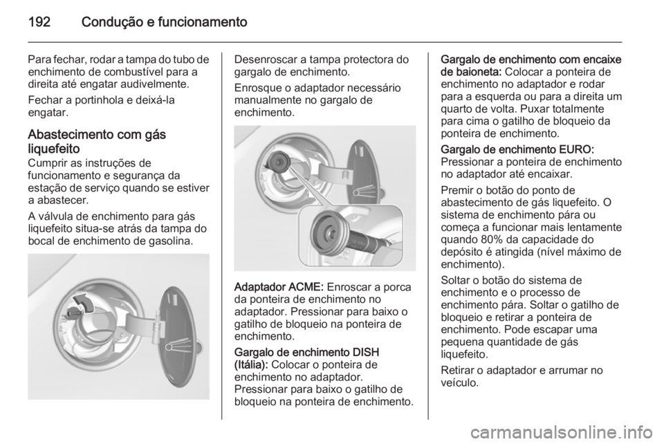 OPEL CORSA 2015.75  Manual de Instruções (in Portugues) 192Condução e funcionamento
Para fechar, rodar a tampa do tubo deenchimento de combustível para a
direita até engatar audivelmente.
Fechar a portinhola e deixá-la
engatar.
Abastecimento com gás
