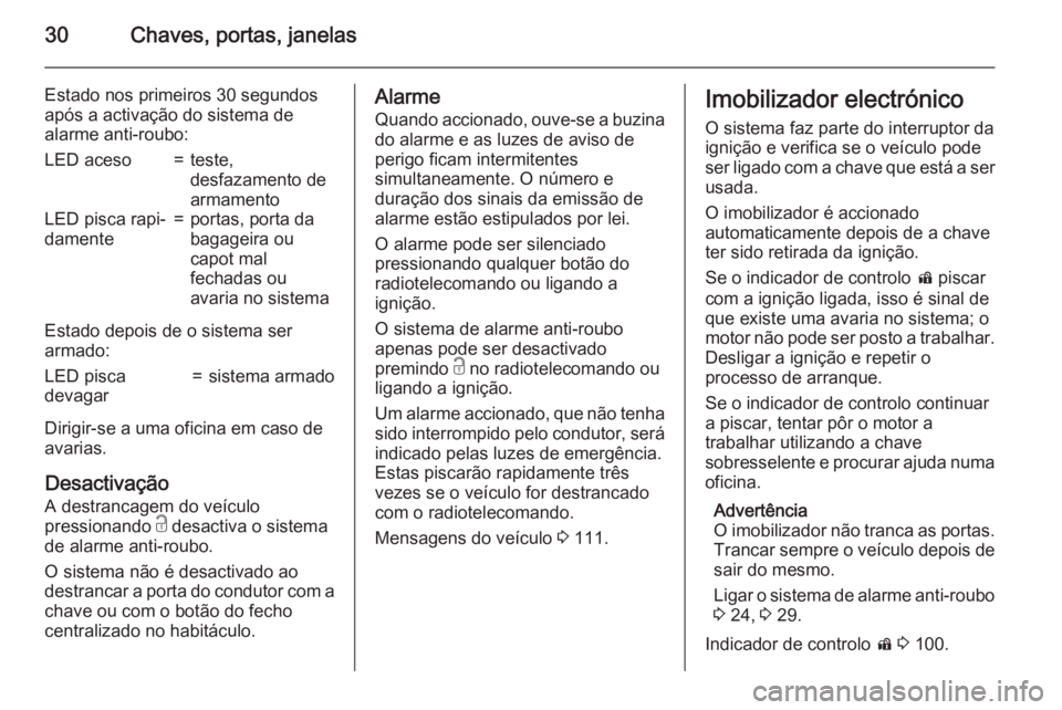OPEL CORSA 2015.75 Manual de Instruções (in Portugues) 30Chaves, portas, janelas
Estado nos primeiros 30 segundos
após a activação do sistema de
alarme anti-roubo:LED aceso=teste,
desfazamento de
armamentoLED pisca rapi‐
damente=portas, porta da
baga OPEL CORSA 2015.75 Manual de Instruções (in Portugues) 30Chaves, portas, janelas
Estado nos primeiros 30 segundos
após a activação do sistema de
alarme anti-roubo:LED aceso=teste,
desfazamento de
armamentoLED pisca rapi‐
damente=portas, porta da
baga