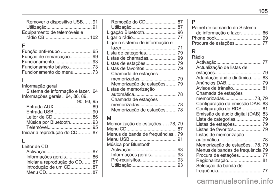 OPEL CORSA 2016 Manual de Informação e Lazer (in Portugues) 105Remover o dispositivo USB......91
Utilização................................... 91
Equipamento de telemóveis e rádio CB ................................. 102
F
Função anti-roubo ........... OPEL CORSA 2016 Manual de Informação e Lazer (in Portugues) 105Remover o dispositivo USB......91
Utilização................................... 91
Equipamento de telemóveis e rádio CB ................................. 102
F
Função anti-roubo ...........