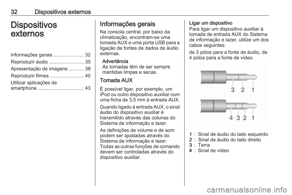 OPEL CORSA 2016  Manual de Informação e Lazer (in Portugues) 32Dispositivos externosDispositivos
externosInformações gerais ......................32
Reproduzir áudio .........................35
Apresentação de imagens ...........38
Reproduzir filmes ......