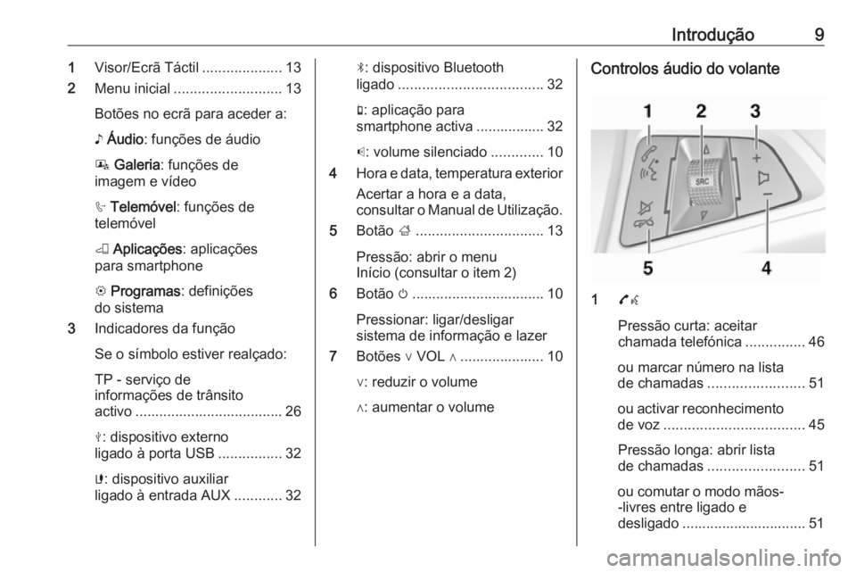 OPEL CORSA 2016  Manual de Informação e Lazer (in Portugues) Introdução91Visor/Ecrã Táctil ....................13
2 Menu inicial ........................... 13
Botões no ecrã para aceder a:
♪  Áudio : funções de áudio
P  Galeria : funções de
image