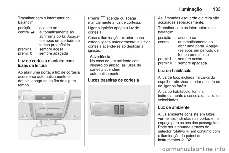 OPEL CORSA 2016 Manual de Instruções (in Portugues) Iluminação133Trabalhar com o interruptor de
balancim:posição
central w:acende-se
automaticamente ao
abrir uma porta. Apaga-
-se após um período de
tempo predefinidopremir I:sempre acesapremir 0 OPEL CORSA 2016 Manual de Instruções (in Portugues) Iluminação133Trabalhar com o interruptor de
balancim:posição
central w:acende-se
automaticamente ao
abrir uma porta. Apaga-
-se após um período de
tempo predefinidopremir I:sempre acesapremir 0