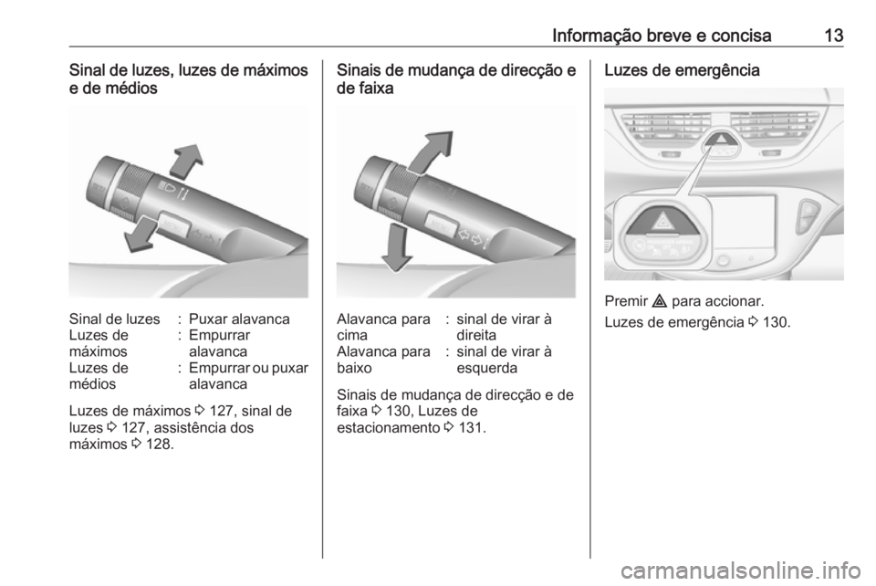 OPEL CORSA 2016  Manual de Instruções (in Portugues) Informação breve e concisa13Sinal de luzes, luzes de máximose de médiosSinal de luzes:Puxar alavancaLuzes de
máximos:Empurrar
alavancaLuzes de
médios:Empurrar ou puxar alavanca
Luzes de máximos