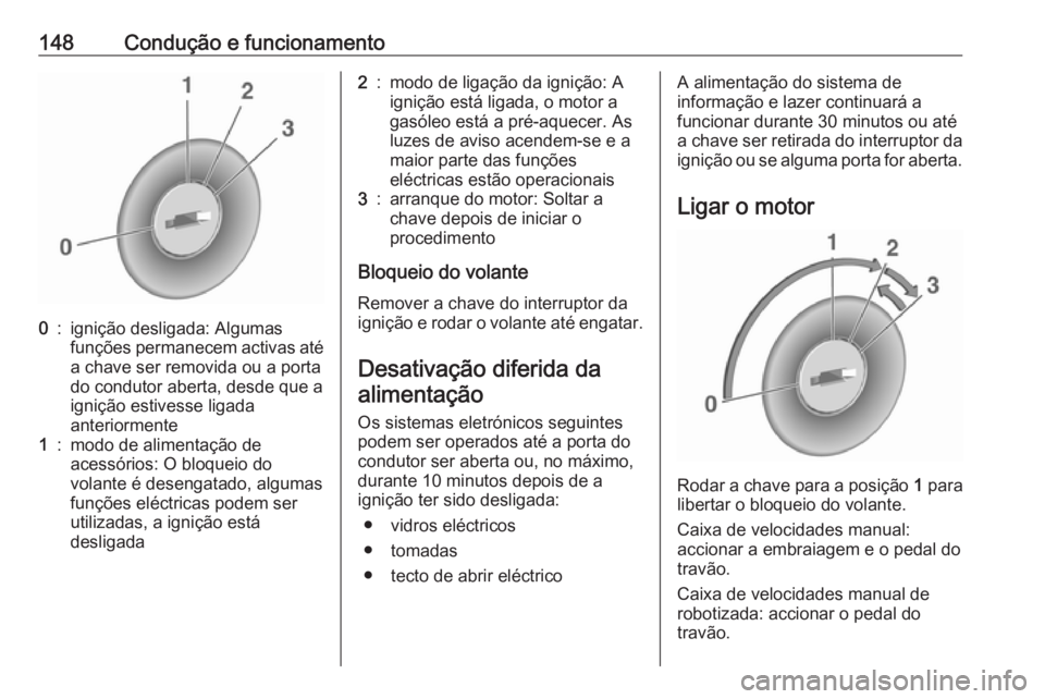 OPEL CORSA 2016 Manual de Instruções (in Portugues) 148Condução e funcionamento0:ignição desligada: Algumas
funções permanecem activas até
a chave ser removida ou a porta
do condutor aberta, desde que a
ignição estivesse ligada
anteriormente1: OPEL CORSA 2016 Manual de Instruções (in Portugues) 148Condução e funcionamento0:ignição desligada: Algumas
funções permanecem activas até
a chave ser removida ou a porta
do condutor aberta, desde que a
ignição estivesse ligada
anteriormente1: