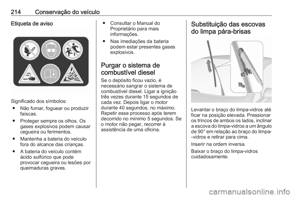 OPEL CORSA 2016  Manual de Instruções (in Portugues) 214Conservação do veículoEtiqueta de aviso
Significado dos símbolos:● Não fumar, foguear ou produzir faíscas.
● Proteger sempre os olhos. Os gases explosivos podem causar
cegueira ou ferimen