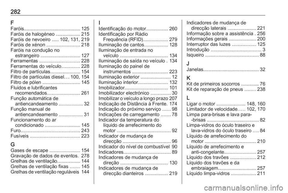 OPEL CORSA 2016  Manual de Instruções (in Portugues) 282F
Faróis.......................................... 125
Faróis de halogéneo  ..................215
Faróis de nevoeiro  .....102, 131, 219
Faróis de xénon  .........................218
Faróis 