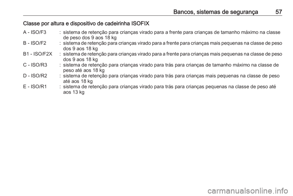 OPEL CORSA 2016  Manual de Instruções (in Portugues) Bancos, sistemas de segurança57Classe por altura e dispositivo de cadeirinha ISOFIXA - ISO/F3:sistema de retenção para crianças virado para a frente para crianças de tamanho máximo na classede p