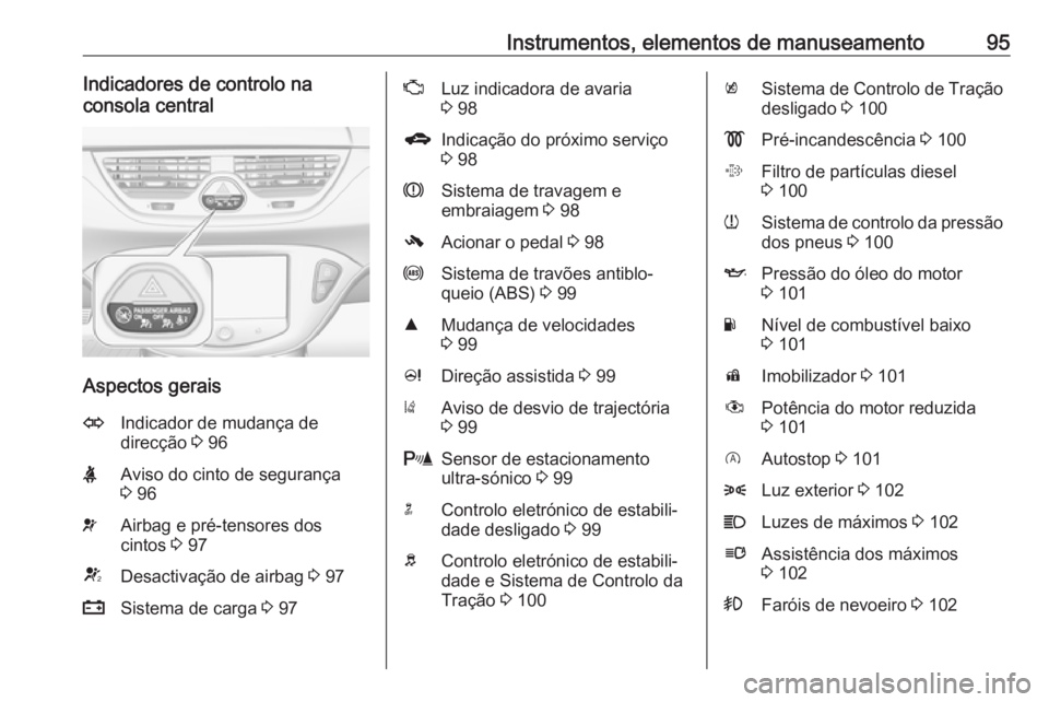 OPEL CORSA 2016  Manual de Instruções (in Portugues) Instrumentos, elementos de manuseamento95Indicadores de controlo na
consola central
Aspectos gerais
OIndicador de mudança de
direcção  3 96XAviso do cinto de segurança
3  96vAirbag e pré-tensores