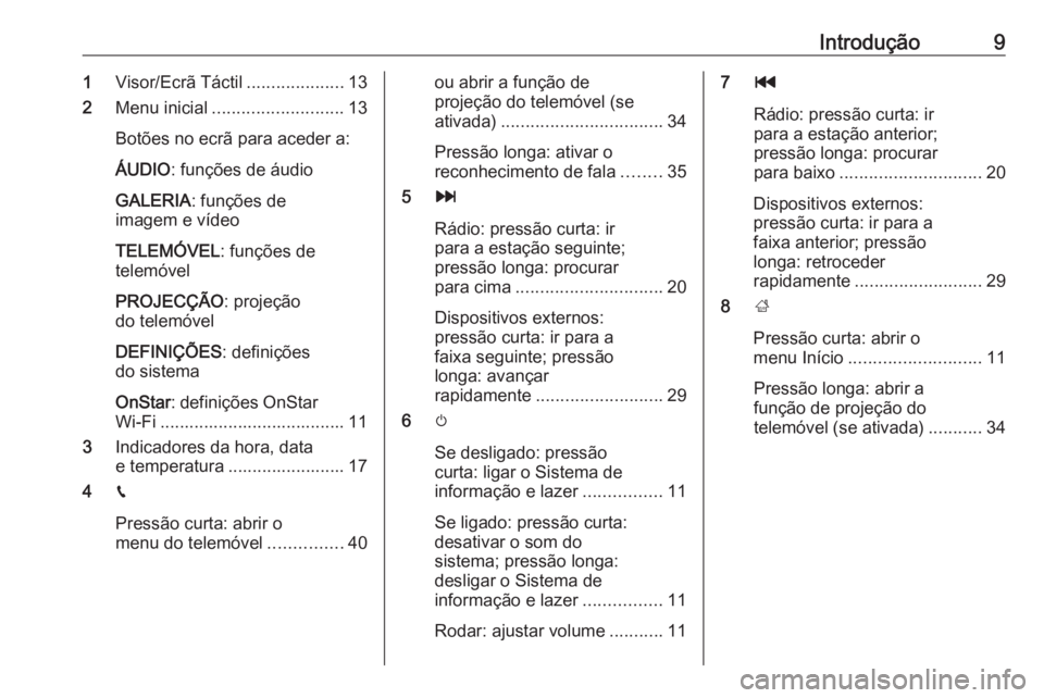 OPEL CORSA 2016.5  Manual de Informação e Lazer (in Portugues) Introdução91Visor/Ecrã Táctil ....................13
2 Menu inicial ........................... 13
Botões no ecrã para aceder a:
ÁUDIO : funções de áudio
GALERIA : funções de
imagem e víd